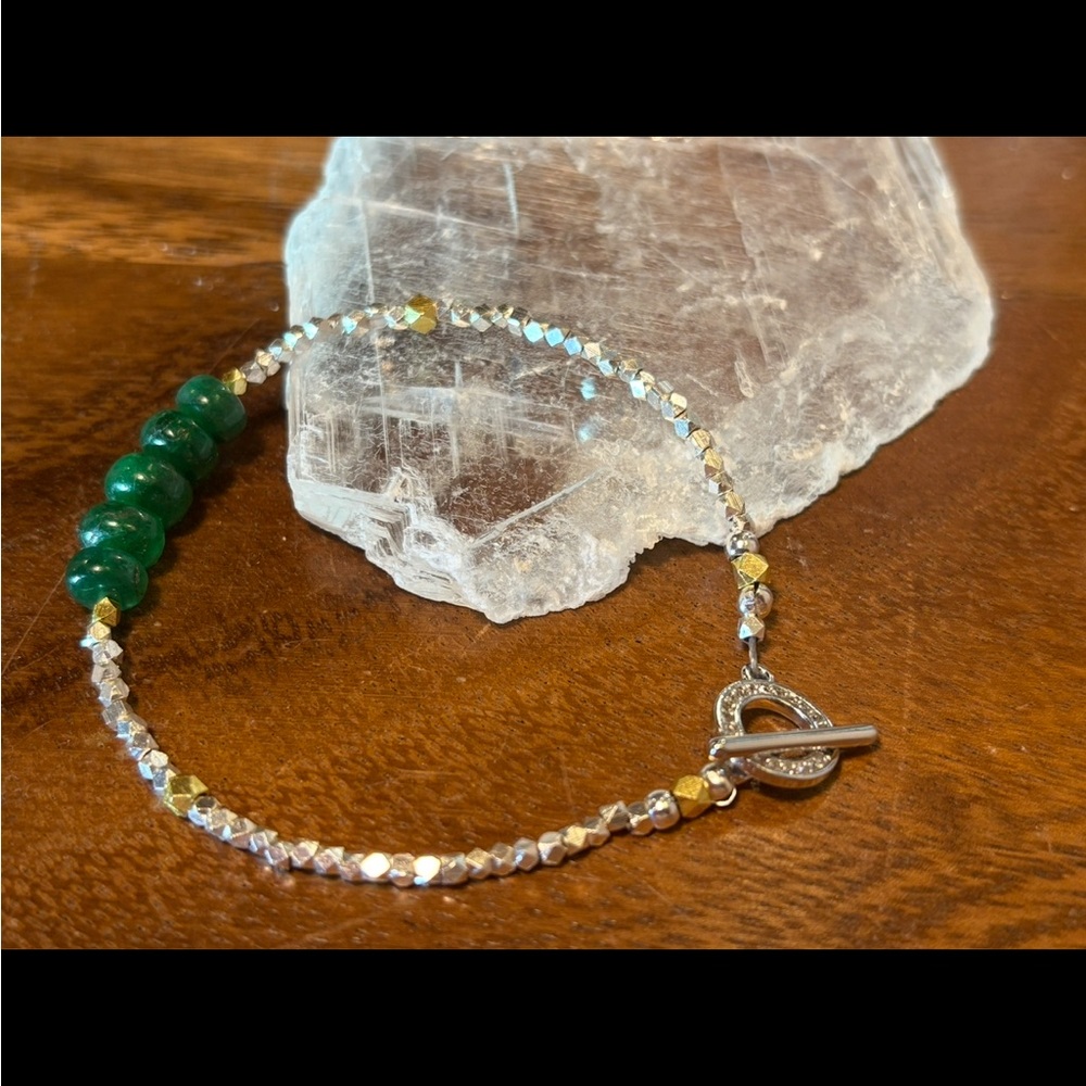 Genuine Emerald Rondelle & Silver Faceted Bead Bracelet Delicate Handmade - Picture 9 of 11